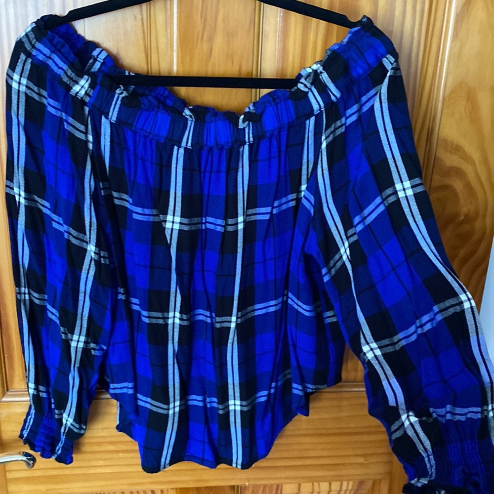 Plaid off the shoulder blouse